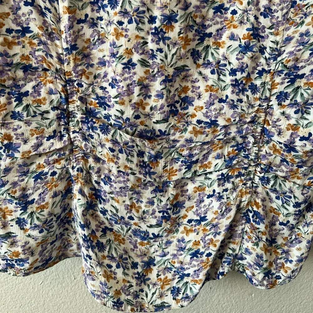 Revolve Astr the Label Floral Print Ruched Button Front Blouse Square Neck